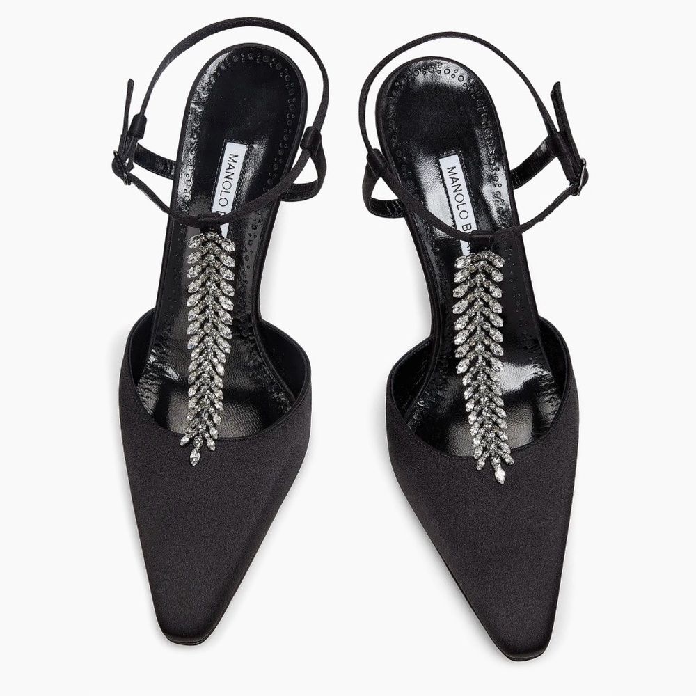 MANOLO BLAHNIK Sufik Embellished Satin T-Strap Pumps - Picture 2 of 6
